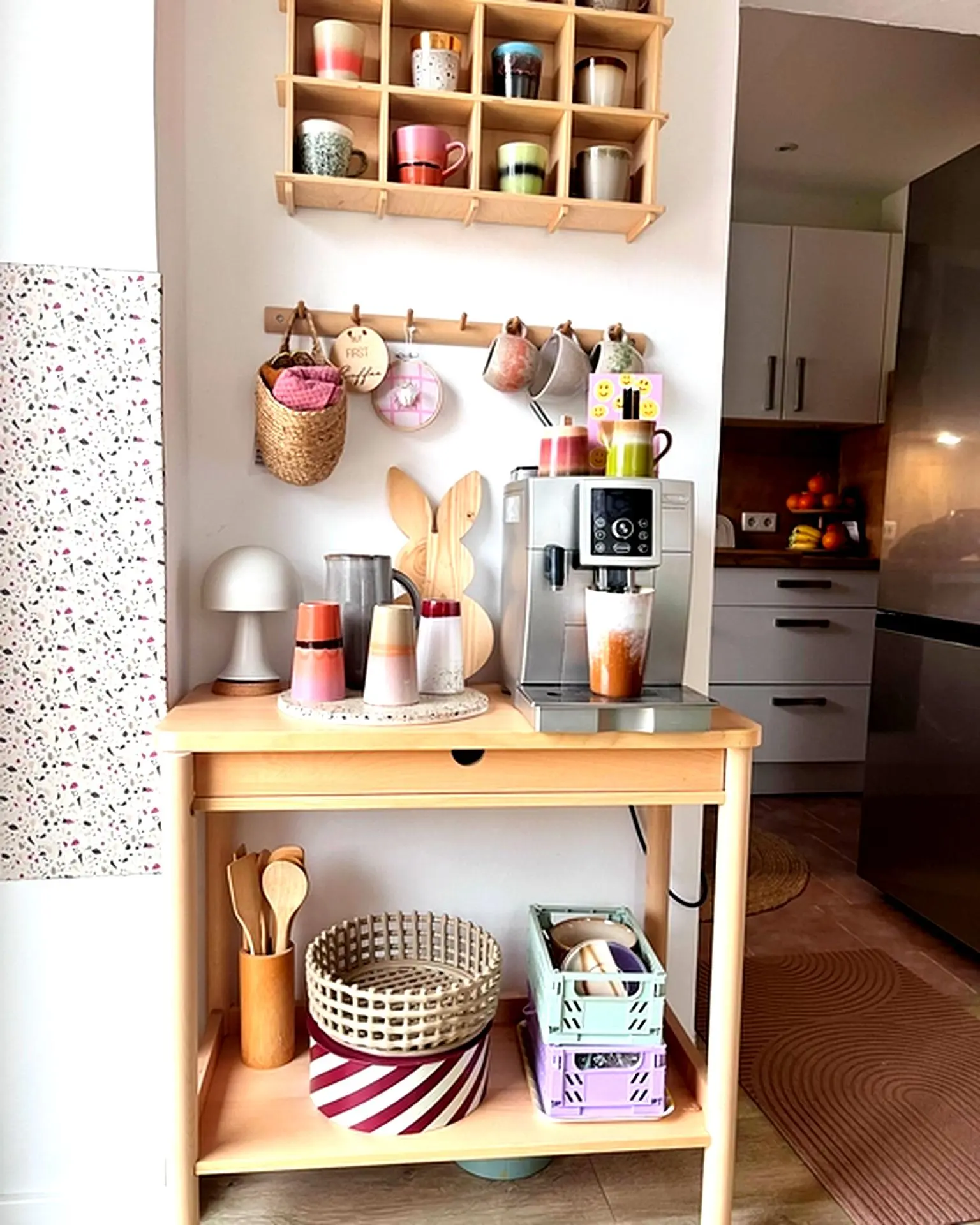 Cheerful and Organized Coffee Station in a Compact Kitchen