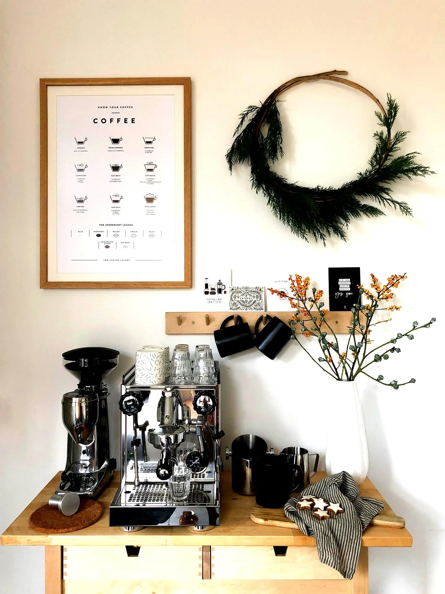 This charming rustic coffee bar is the perfect blend of cozy and functional, designed to fit seamlessly into a small-space coffee station while maximizing style and efficiency